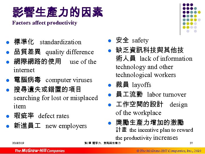 影響生產力的因素 Factors affect productivity l l l l 標準化 standardization 品質差異 quality difference 網際網路的使用