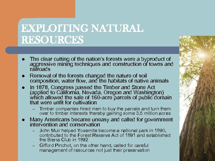 EXPLOITING NATURAL RESOURCES l l l The clear cutting of the nation’s forests were