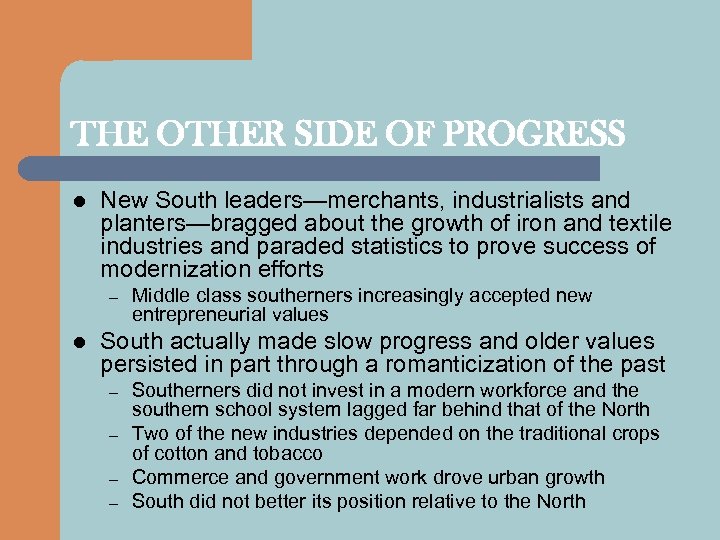THE OTHER SIDE OF PROGRESS l New South leaders—merchants, industrialists and planters—bragged about the