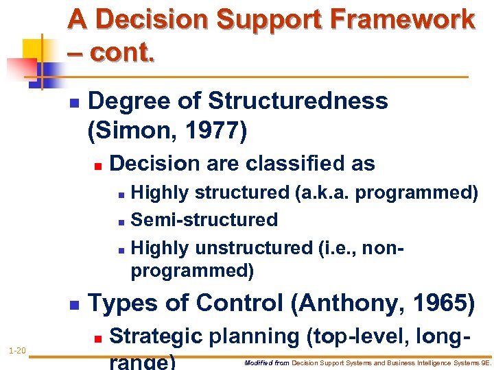 A Decision Support Framework – cont. n Degree of Structuredness (Simon, 1977) n Decision