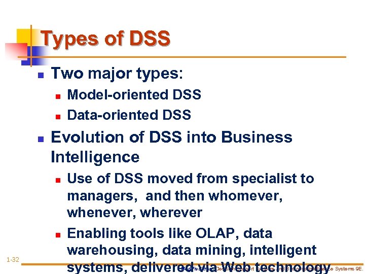 Types of DSS n Two major types: n n n Evolution of DSS into