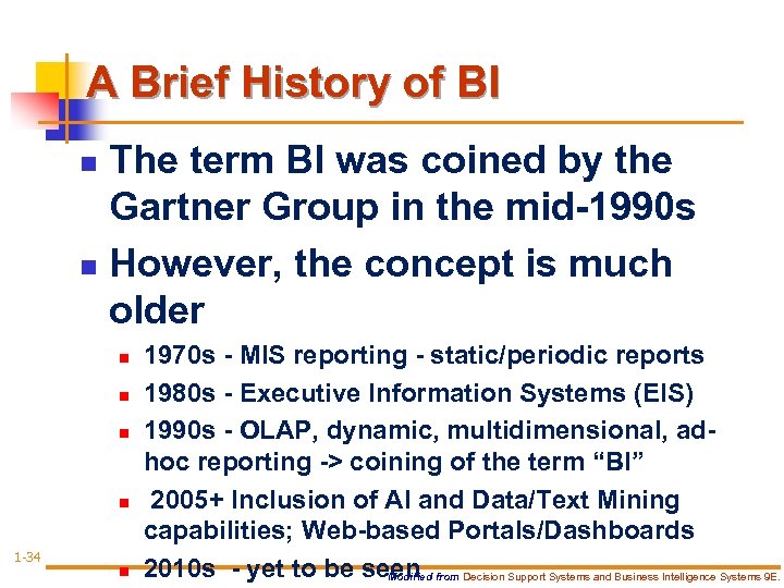 A Brief History of BI The term BI was coined by the Gartner Group