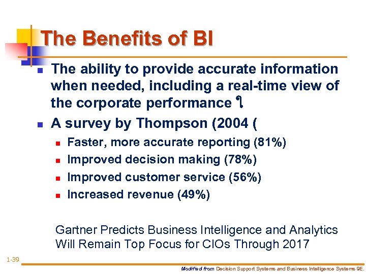 The Benefits of BI n n The ability to provide accurate information when needed,