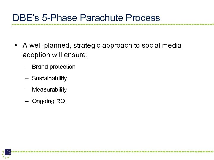 DBE’s 5 -Phase Parachute Process • A well-planned, strategic approach to social media adoption