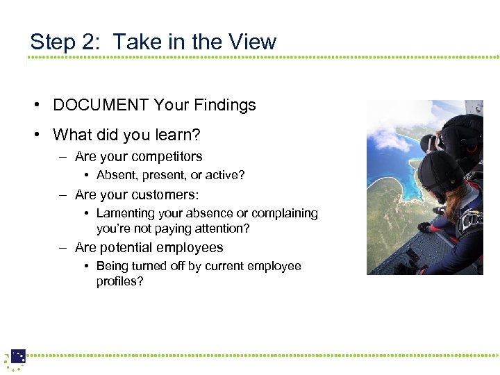 Step 2: Take in the View • DOCUMENT Your Findings • What did you