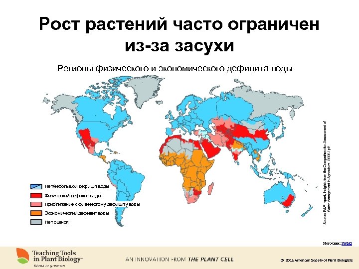 Рост растений часто ограничен из-за засухи Регионы физического и экономического дефицита воды Нет/небольшой дефицит