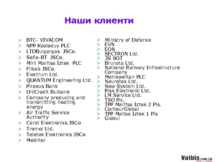 Наши клиенти Ø Ø Ø Ø BTC- VIVACOM NPP Kozloduy PLC LTDBulgargas JSCo. Sofia-BT