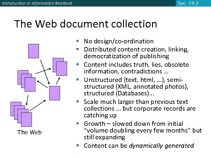 Introduction to Information Retrieval Sec. 19. 2 The Web document collection The Web §