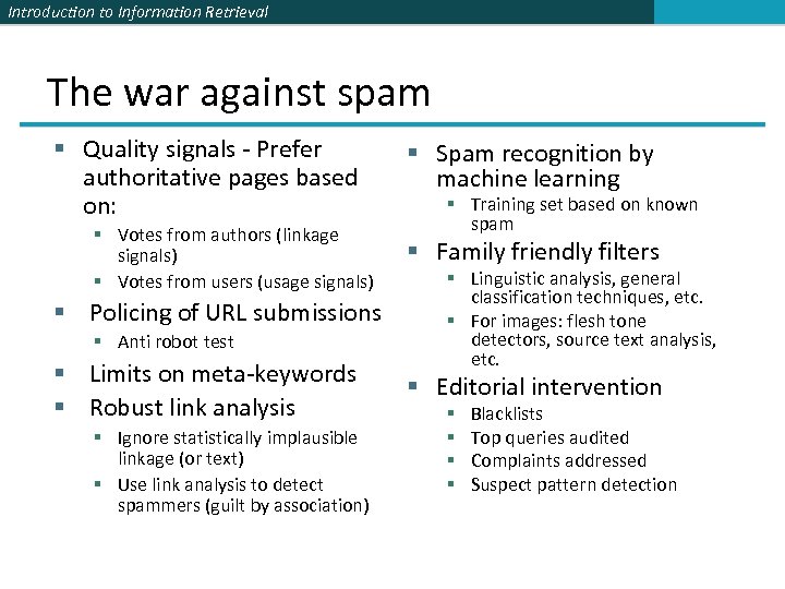 Introduction to Information Retrieval The war against spam § Quality signals - Prefer authoritative