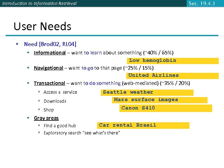 Introduction to Information Retrieval Sec. 19. 4. 1 User Needs § Need [Brod 02,