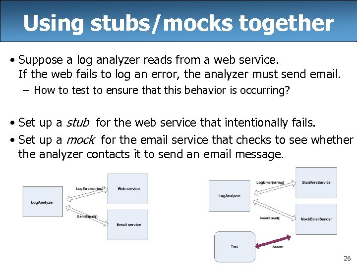 Using stubs/mocks together • Suppose a log analyzer reads from a web service. If