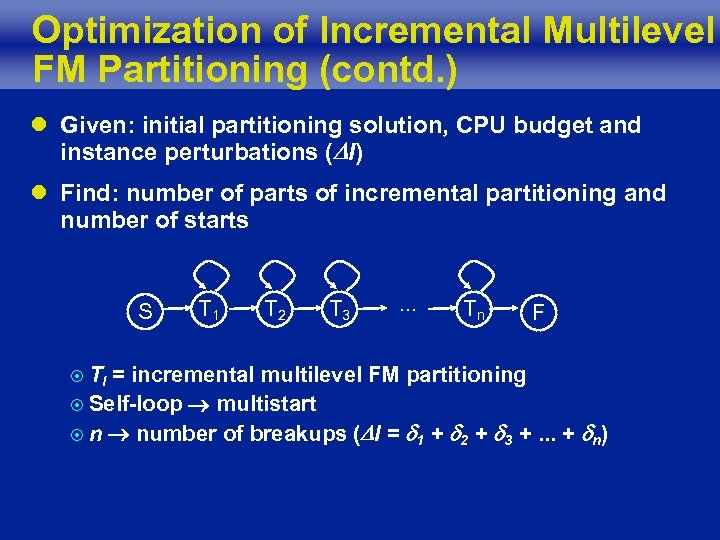 Optimization of Incremental Multilevel FM Partitioning (contd. ) l Given: initial partitioning solution, CPU
