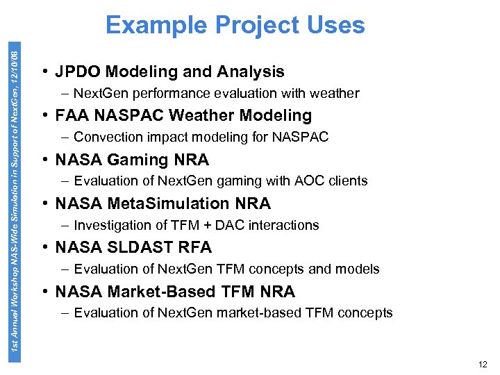 1 st Annual Workshop NAS-Wide Simulation in Support of Next. Gen, 12/10/08 Example Project