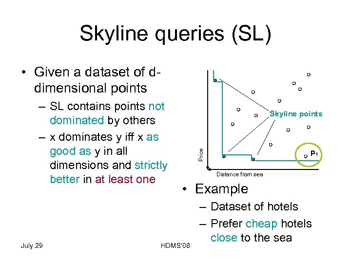 Skyline queries (SL) • Given a dataset of ddimensional points July 29 Skyline points