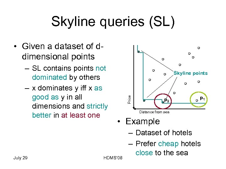 Skyline queries (SL) • Given a dataset of ddimensional points July 29 Skyline points