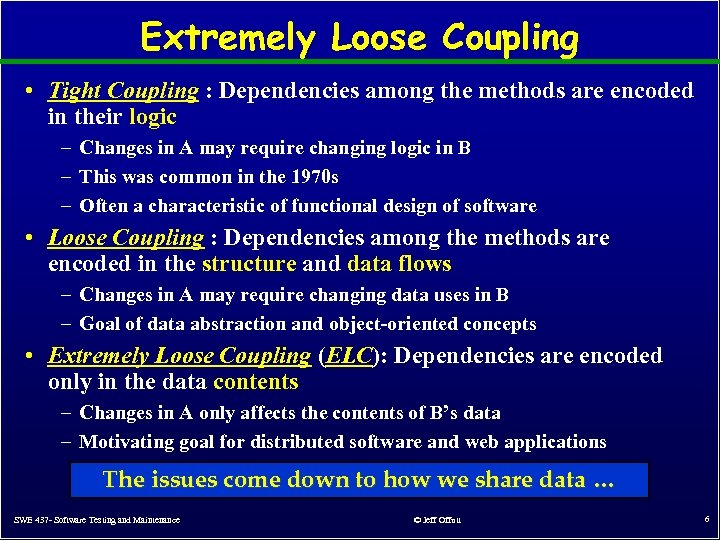 Extremely Loose Coupling • Tight Coupling : Dependencies among the methods are encoded in