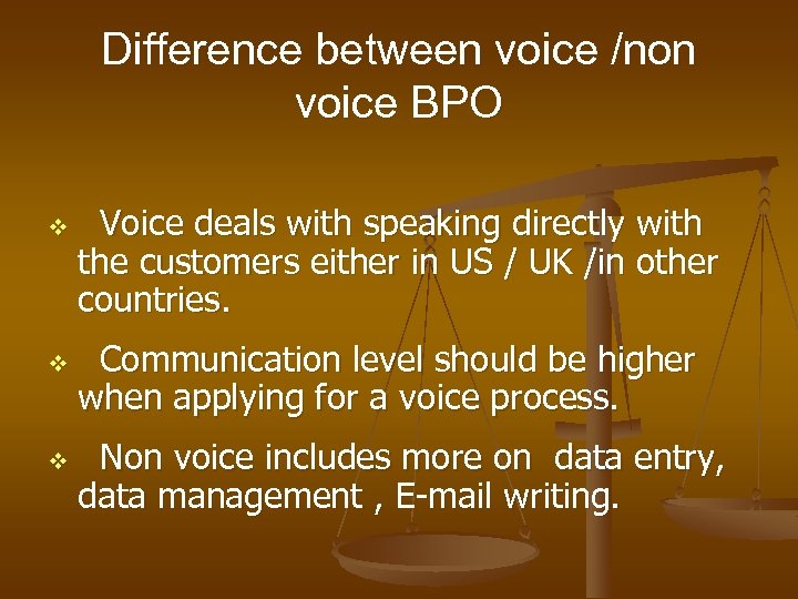 Difference between voice /non voice BPO v v v Voice deals with speaking directly