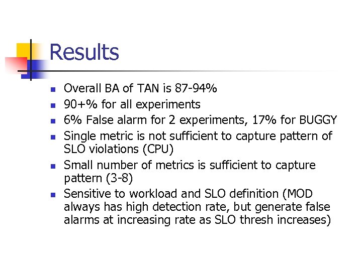 Results n n n Overall BA of TAN is 87 -94% 90+% for all