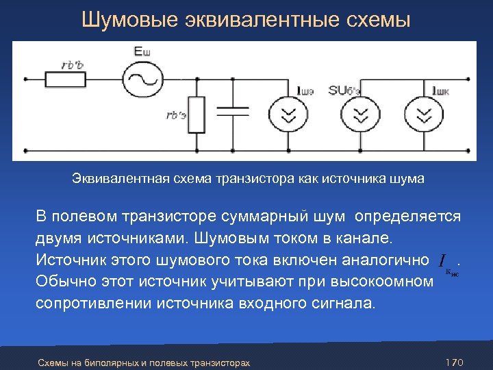  Шумовые эквивалентные схемы Эквивалентная схема транзистора как источника шума В полевом транзисторе суммарный