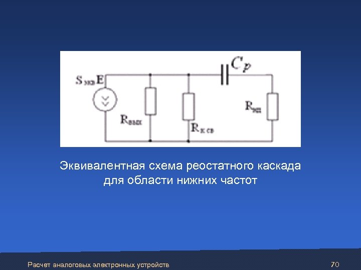 Эквивалентная схема реостатного каскада для области нижних частот Расчет аналоговых электронных устройств 70 