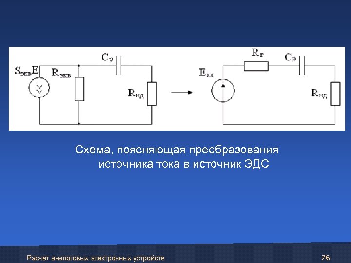  Схема, поясняющая преобразования источника тока в источник ЭДС Расчет аналоговых электронных устройств 76