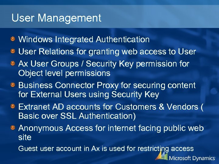 User Management Windows Integrated Authentication User Relations for granting web access to User Ax