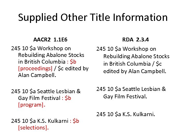 Supplied Other Title Information AACR 2 1. 1 E 6 245 10 $a Workshop