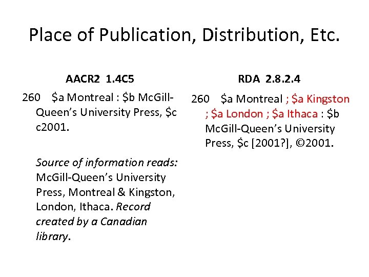Place of Publication, Distribution, Etc. AACR 2 1. 4 C 5 RDA 2. 8.