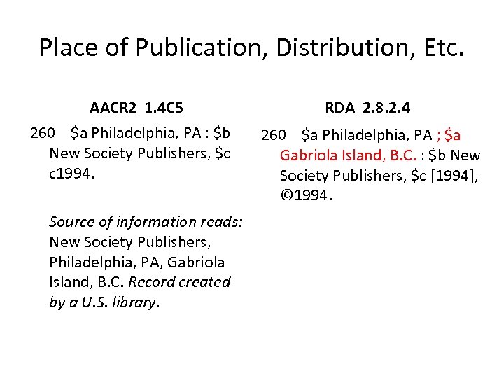 Place of Publication, Distribution, Etc. AACR 2 1. 4 C 5 260 $a Philadelphia,