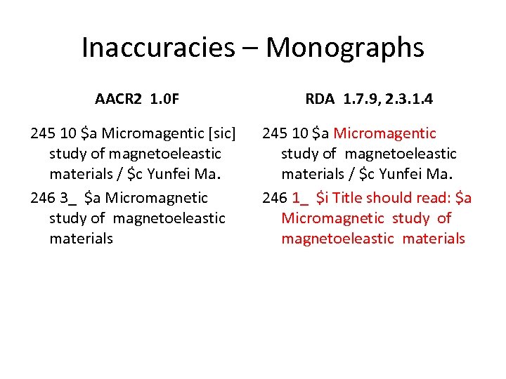 Inaccuracies – Monographs AACR 2 1. 0 F RDA 1. 7. 9, 2. 3.