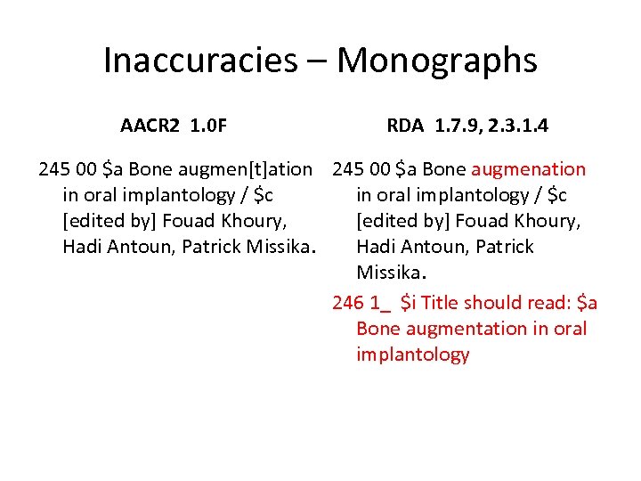Inaccuracies – Monographs AACR 2 1. 0 F RDA 1. 7. 9, 2. 3.