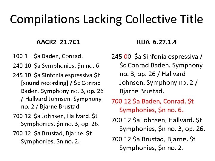 Compilations Lacking Collective Title AACR 2 21. 7 C 1 RDA 6. 27. 1.
