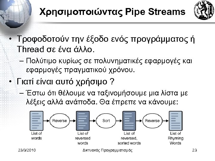 Χρησιμοποιώντας Pipe Streams • Τροφοδοτούν την έξοδο ενός προγράμματος ή Thread σε ένα άλλο.
