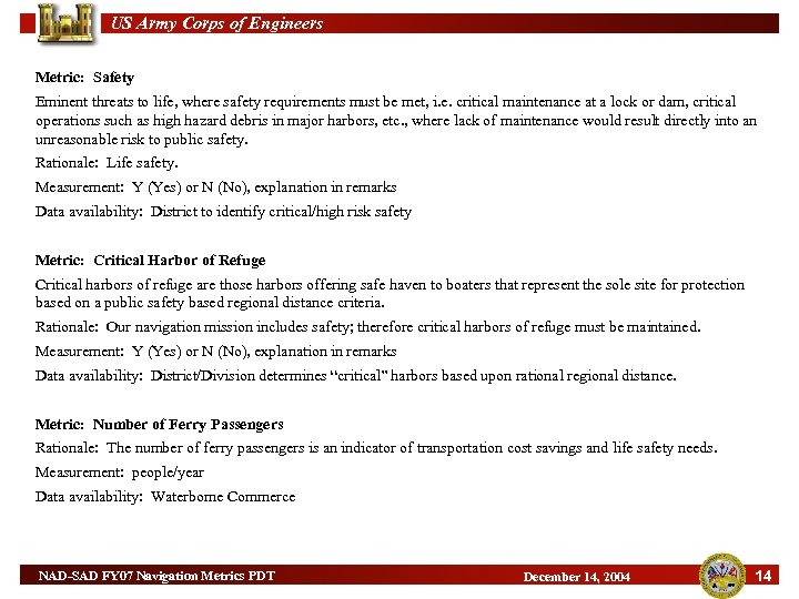 US Army Corps of Engineers Metric: Safety Eminent threats to life, where safety requirements