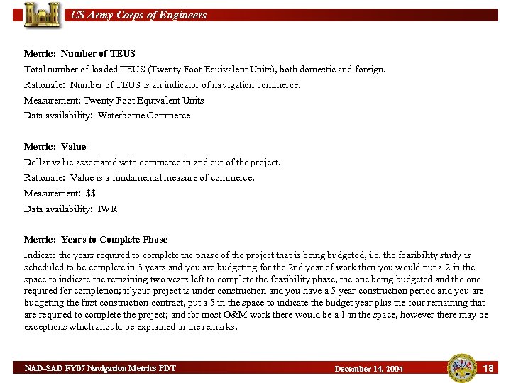 US Army Corps of Engineers Metric: Number of TEUS Total number of loaded TEUS