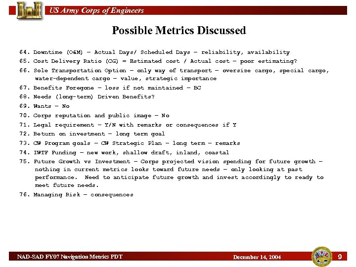 US Army Corps of Engineers Possible Metrics Discussed 64. Downtime (O&M) – Actual Days/