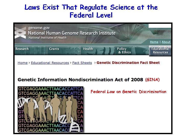 Laws Exist That Regulate Science at the Federal Level (GINA) Federal Law on Genetic
