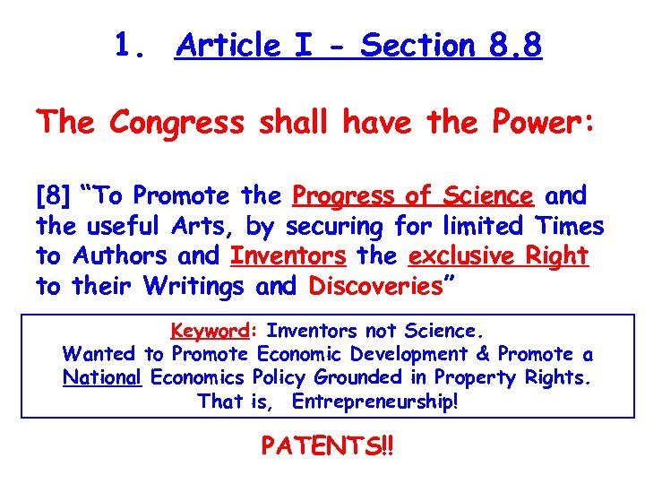 1. Article I - Section 8. 8 The Congress shall have the Power: [8]