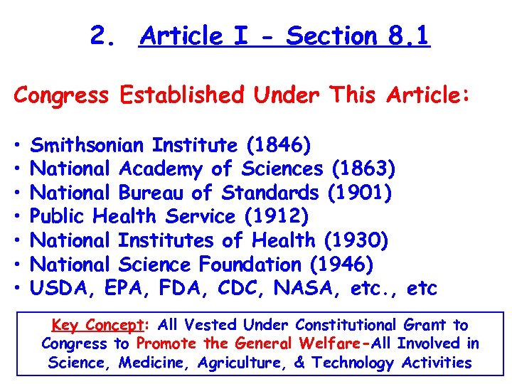 2. Article I - Section 8. 1 Congress Established Under This Article: • •