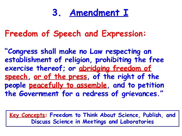 3. Amendment I Freedom of Speech and Expression: “Congress shall make no Law respecting