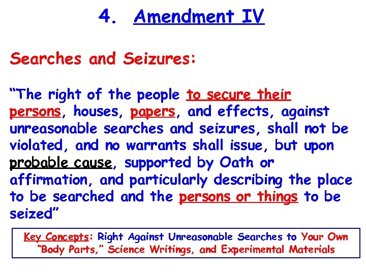 4. Amendment IV Searches and Seizures: “The right of the people to secure their