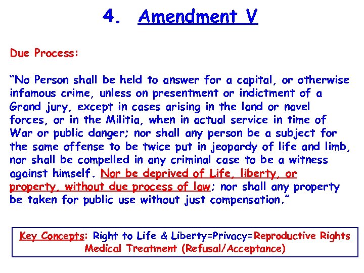 4. Amendment V Due Process: “No Person shall be held to answer for a