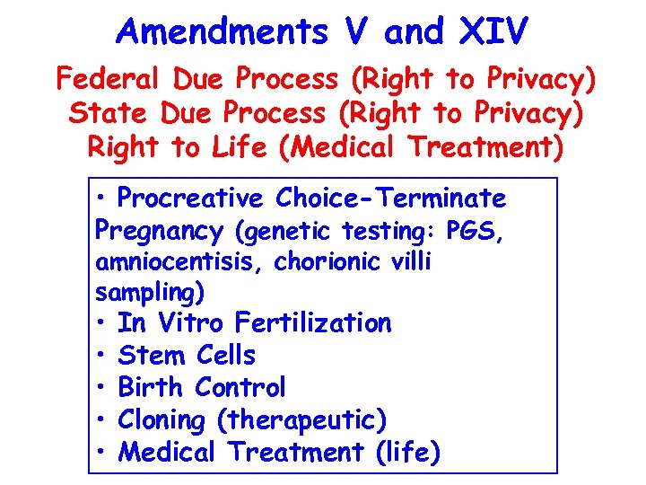 Amendments V and XIV Federal Due Process (Right to Privacy) State Due Process (Right