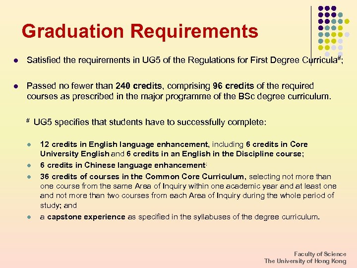 Graduation Requirements l Satisfied the requirements in UG 5 of the Regulations for First