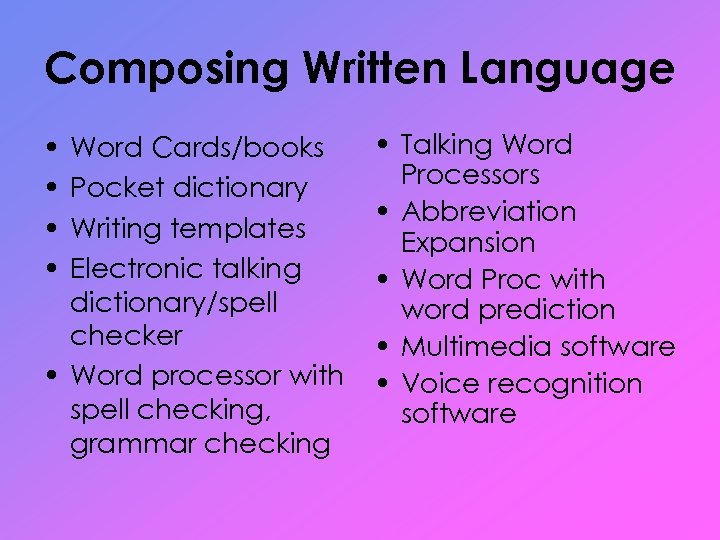 Composing Written Language • • Word Cards/books Pocket dictionary Writing templates Electronic talking dictionary/spell