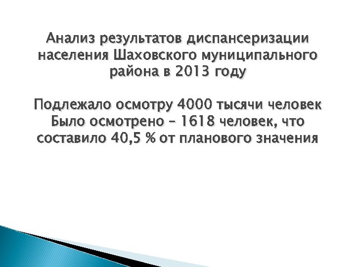 Анализ результатов диспансеризации населения Шаховского муниципального района в 2013 году Подлежало осмотру 4000 тысячи