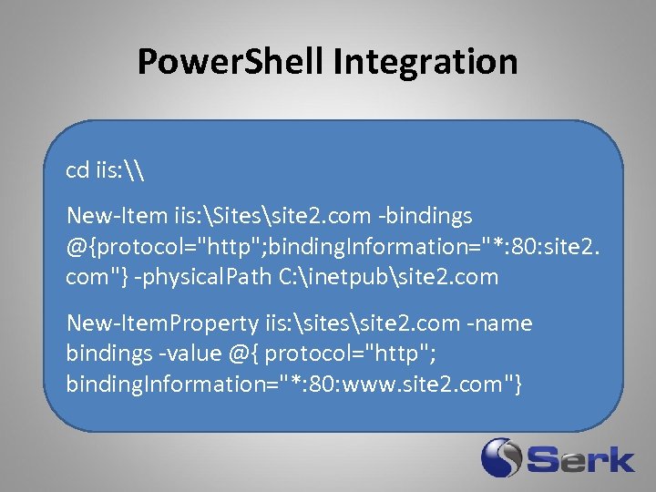 Power. Shell Integration cd iis: \ New-Item iis: Sitessite 2. com -bindings @{protocol=