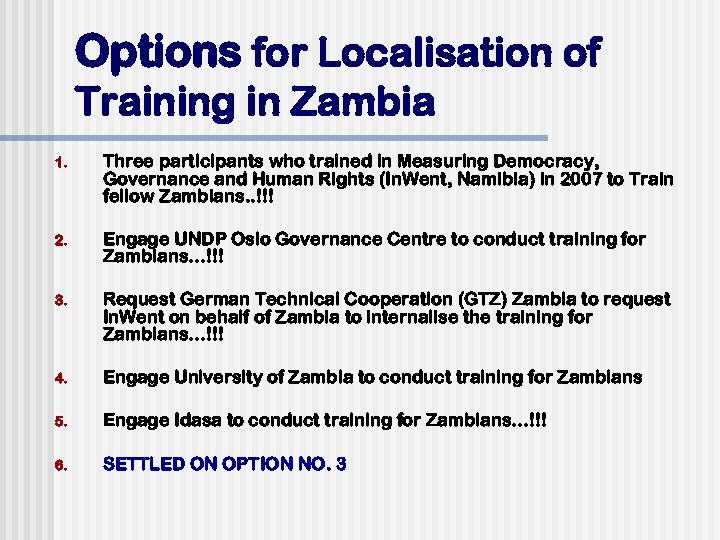 Options for Localisation of Training in Zambia 1. Three participants who trained in Measuring