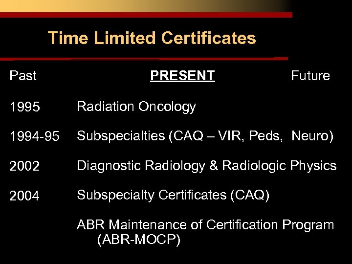 Time Limited Certificates Past PRESENT Future 1995 Radiation Oncology 1994 -95 Subspecialties (CAQ –