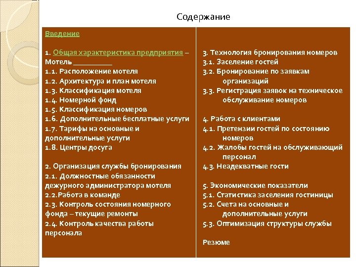 Содержание Введение 1. Общая характеристика предприятия – Мотель _____ 1. 1. Расположение мотеля 1.
